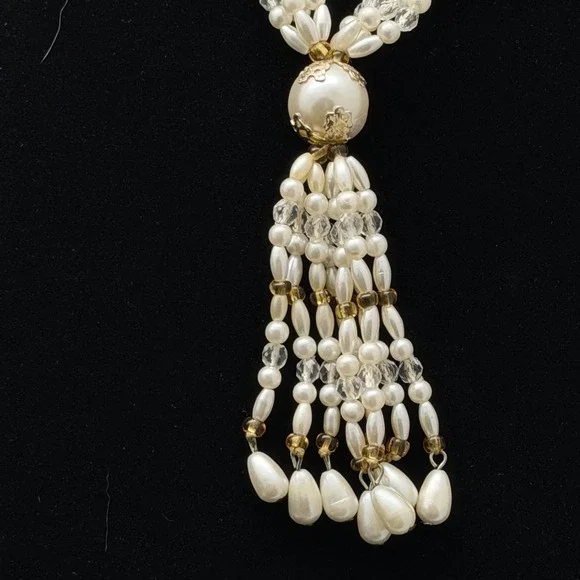 Vintage Faux Pearl and Crystal Beaded Tassel Necklace Opera Length Cream Gold - Picture 5 of 9